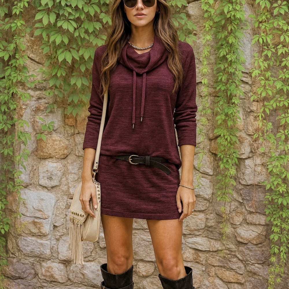 ATHLETA Sport It Maroon Sweater Dress with Cinching Cowl Neckline, XXS
